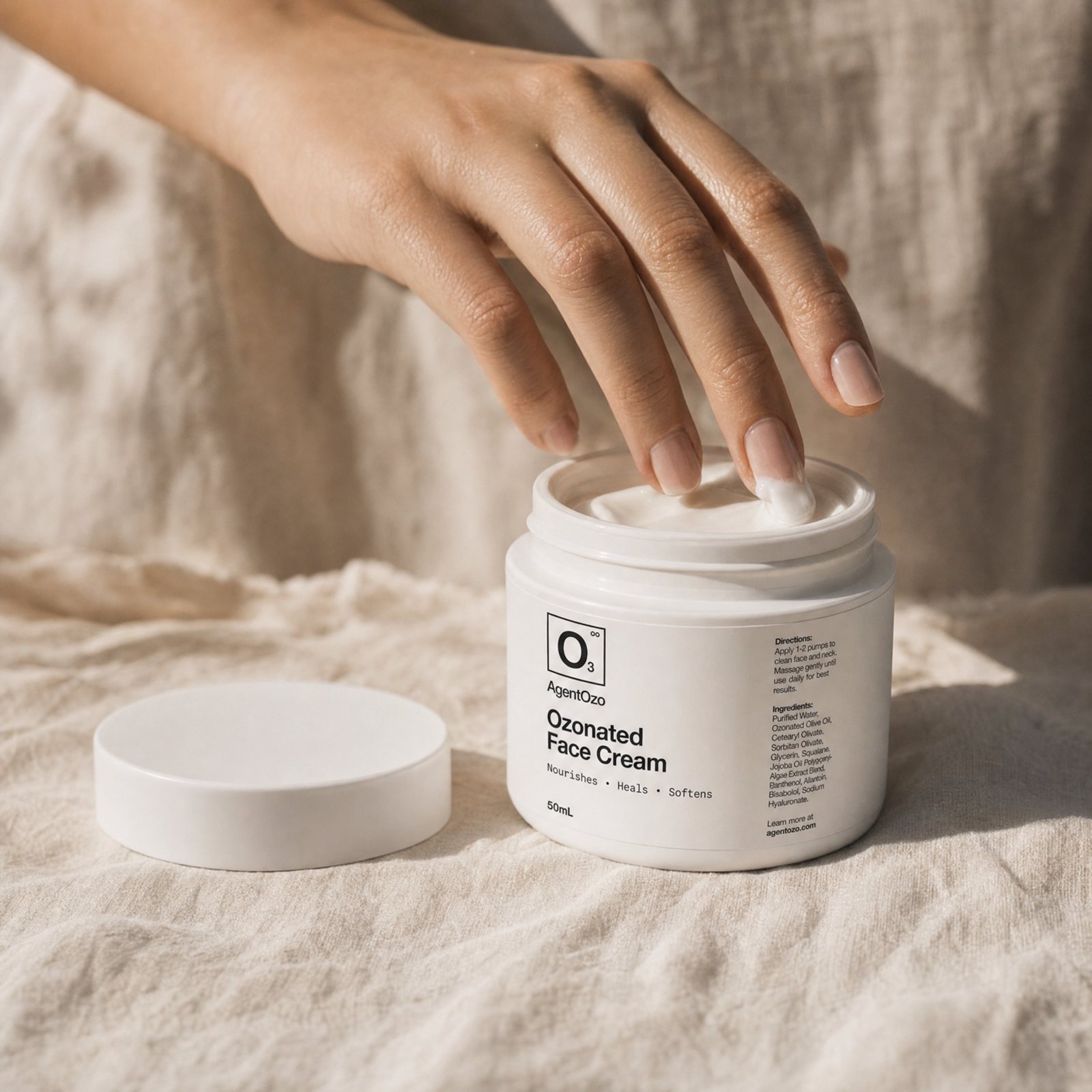OzoMD Ozonated Face Cream, a cushioned dab of barrier moisturizer on skin