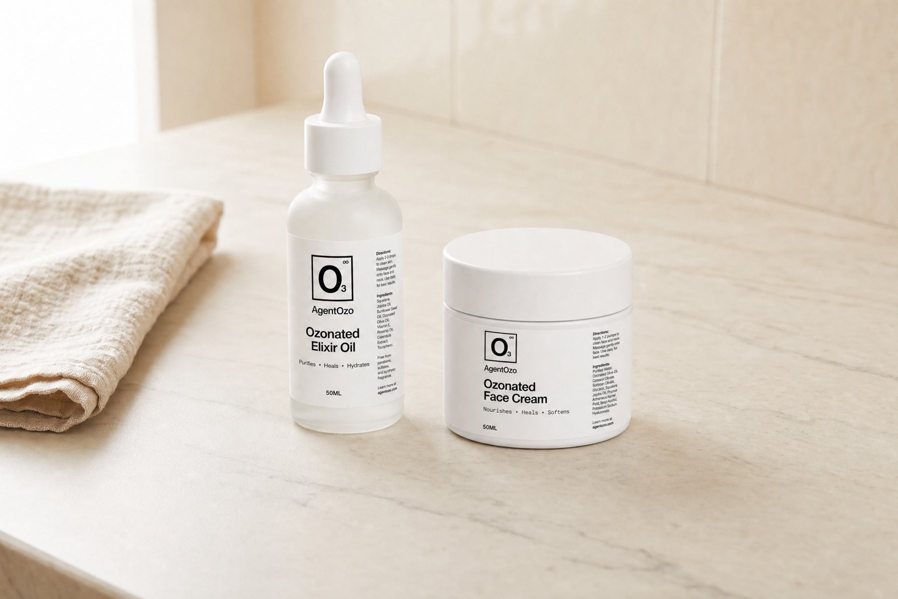 OzoMD Ozonated Elixir Oil, the recovery half of the two-step routine, held against skin