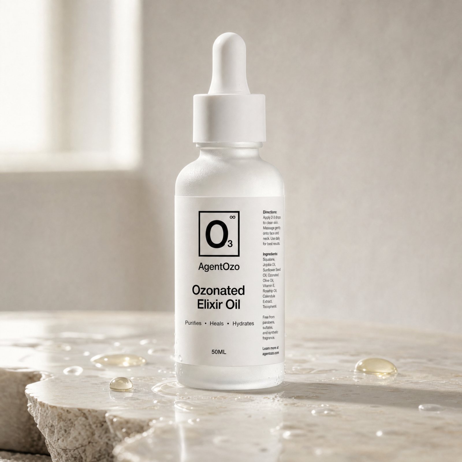 OzoMD Ozonated Elixir Oil bottle surrounded by oxygen bubbles