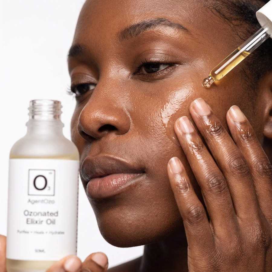 Applying a few drops of ozonated recovery oil to the skin